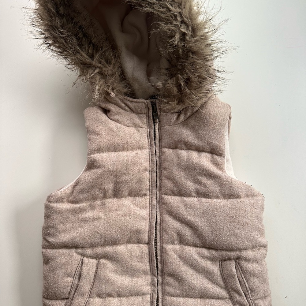 GAP Kids Tan Puffer Vest with Faux Fur Hood